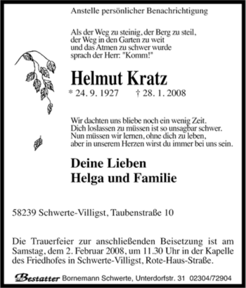 Traueranzeige von Helmut Kratz von Tageszeitung