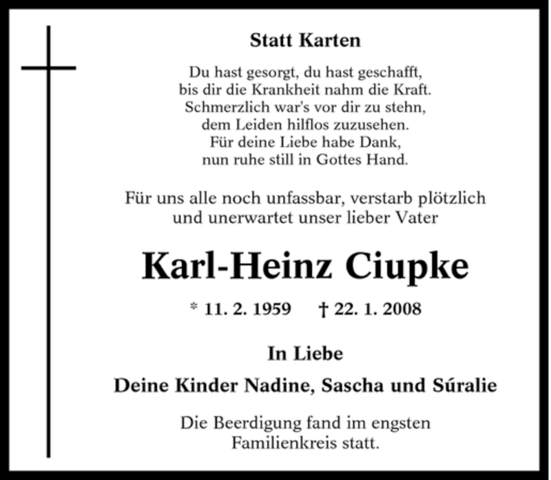  Traueranzeige für Karl-Heinz Ciupke vom 30.01.2008 aus Tageszeitung