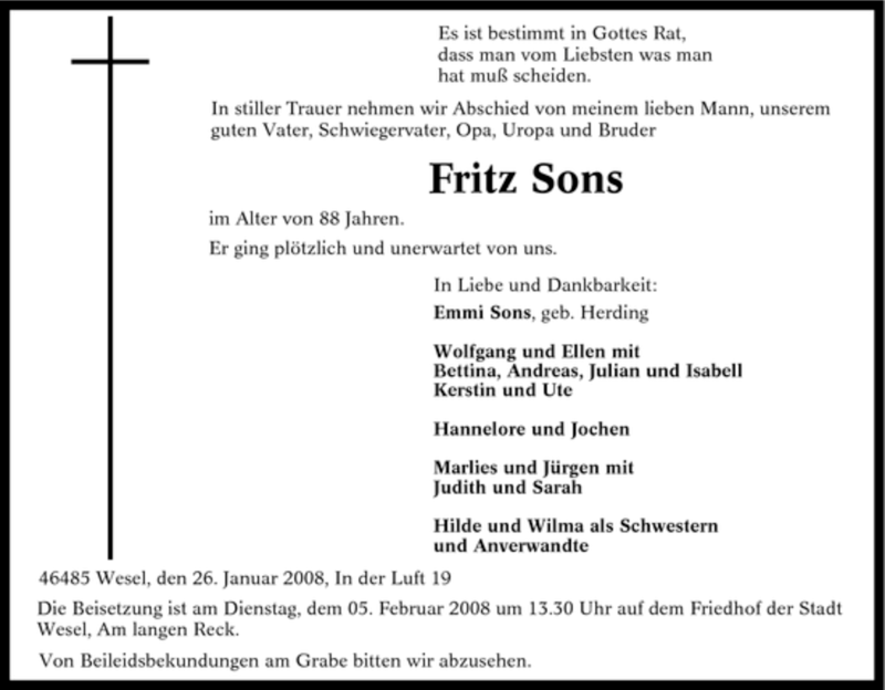  Traueranzeige für Fritz Sons vom 30.01.2008 aus Tageszeitung