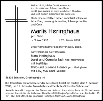 Traueranzeige von Marlis Heringhaus von Tageszeitung