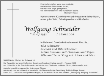 Traueranzeige von Wolfgang Schneider von Tageszeitung