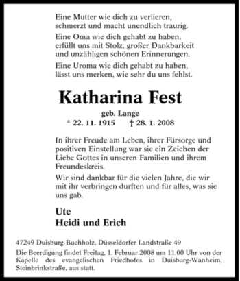 Traueranzeige von Katharina Fest von Tageszeitung