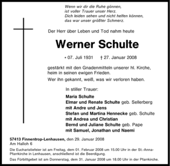 Traueranzeige von Werner Schulte von Tageszeitung