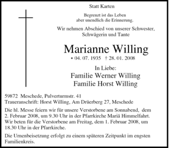 Traueranzeige von Marianne Willing von Tageszeitung