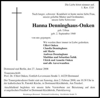 Traueranzeige von Hanna Denninghaus-Onken von Tageszeitung