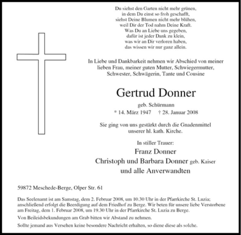  Traueranzeige für Gertrud Donner vom 30.01.2008 aus Tageszeitung