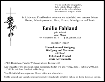 Traueranzeige von Emilie Fahland von Tageszeitung