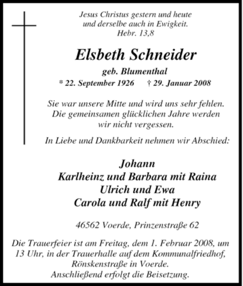  Traueranzeige für Elsbeth Schneider vom 30.01.2008 aus Tageszeitung