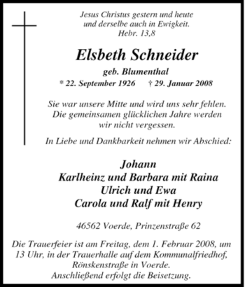 Traueranzeige von Elsbeth Schneider von Tageszeitung