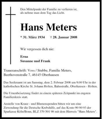 Traueranzeige von Hans Meters von Tageszeitung