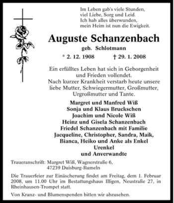 Traueranzeige von Auguste Schanzenbach von Tageszeitung