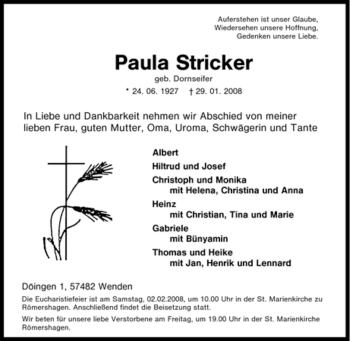 Traueranzeige von Paula Stricker von Tageszeitung