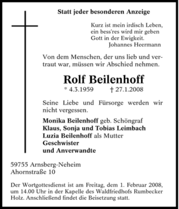 Traueranzeige von Rolf Beilenhoff von Tageszeitung