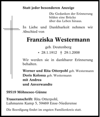 Traueranzeige von Franziska Westermann von Tageszeitung