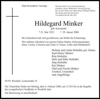 Traueranzeige von Hildegard Minker von Tageszeitung