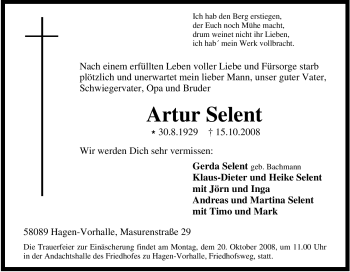 Traueranzeige von Artur Selent von Tageszeitung