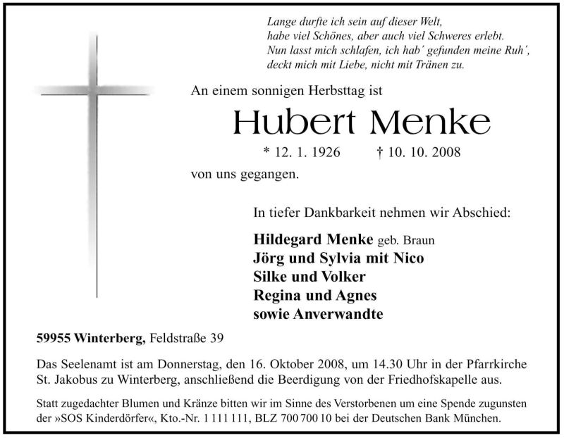 Traueranzeige für Hubert Menke vom 13.10.2008 aus Tageszeitung