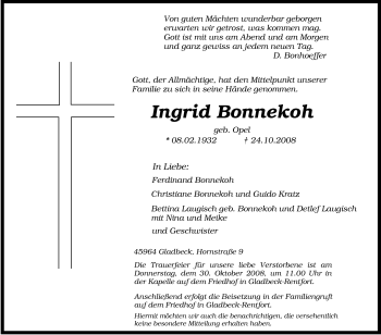 Traueranzeige von Ingrid Bonnekoh von Tageszeitung