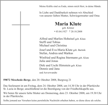 Traueranzeige von Maria Klute von Tageszeitung
