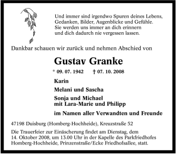 Traueranzeige von Gustav Granke von Tageszeitung