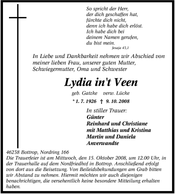 Traueranzeige von Lydia in`t Veen von Tageszeitung