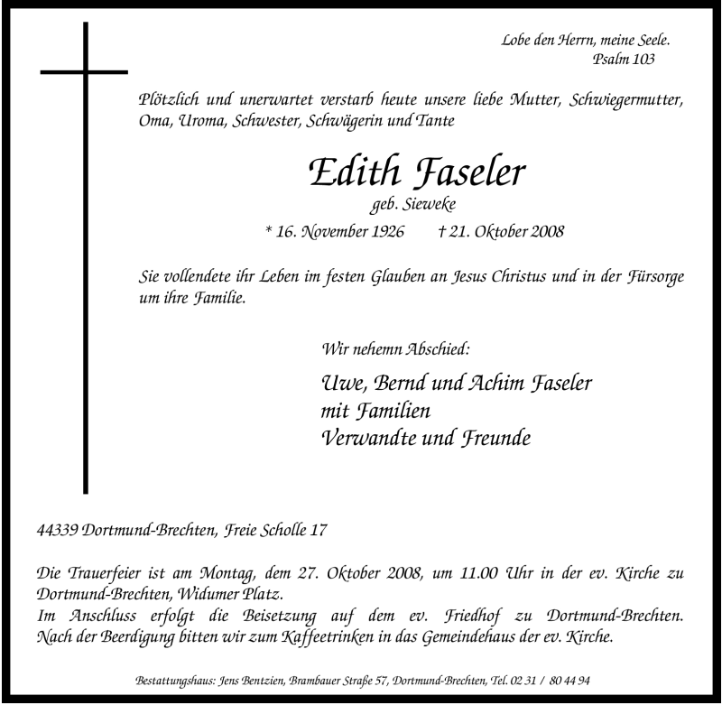  Traueranzeige für Edith Faseler vom 23.10.2008 aus Tageszeitung