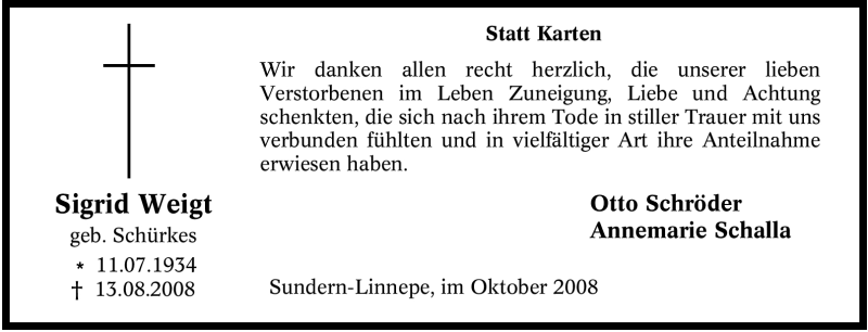  Traueranzeige für Sigrid Weigt vom 01.10.2008 aus Tageszeitung