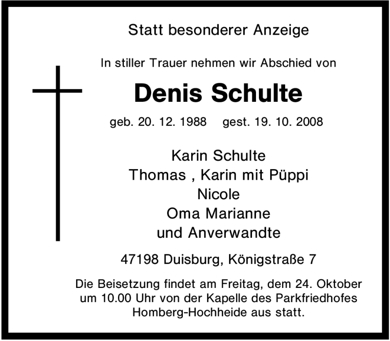  Traueranzeige für Denis Schulte vom 21.10.2008 aus Tageszeitung