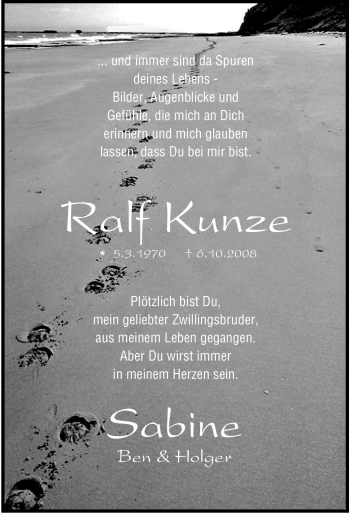 Traueranzeige von Ralf Kunze von Tageszeitung