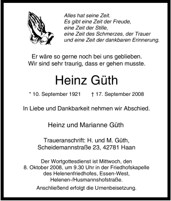 Traueranzeige von Heinz Güth von Tageszeitung