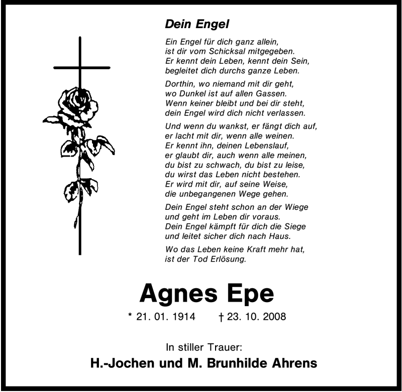  Traueranzeige für Agnes Epe vom 25.10.2008 aus Tageszeitung