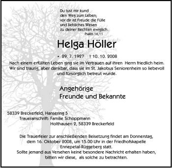 Traueranzeige von Helga Höller von Tageszeitung