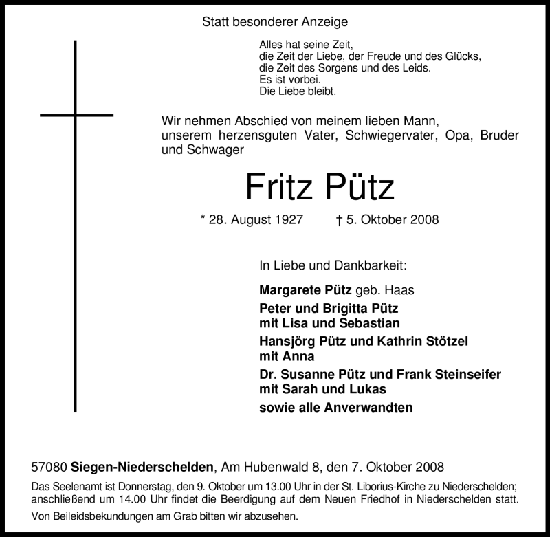  Traueranzeige für Fritz Pütz vom 07.10.2008 aus Tageszeitung