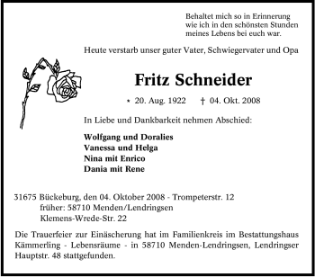 Traueranzeige von Fritz Schneider von Tageszeitung