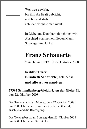 Traueranzeige von Franz Schauerte von Tageszeitung