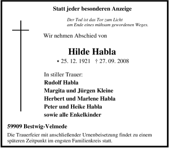 Traueranzeige von Hilde Habla von Tageszeitung
