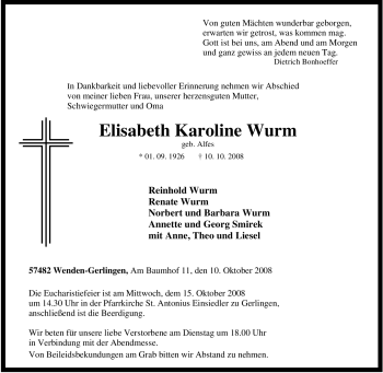 Traueranzeige von Elisabeth Karoline Wurm von Tageszeitung