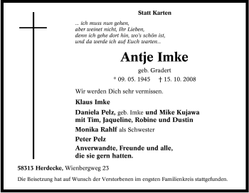 Traueranzeige von Antje Imke von Tageszeitung