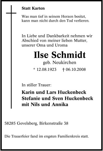 Traueranzeige von Ilse Schmidt von Tageszeitung
