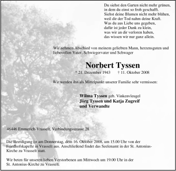 Traueranzeige von Norbert Tyssen von Tageszeitung