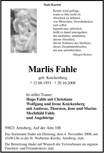 Traueranzeige von Marlis Fahle von Tageszeitung