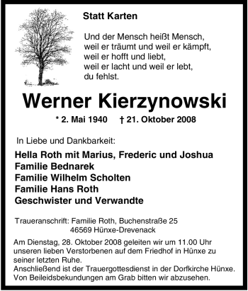 Traueranzeige von Werner Kierzynowski von Tageszeitung