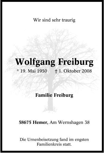 Traueranzeige von Wolfgang Freiburg von Tageszeitung
