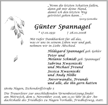 Traueranzeige von Günter Spannagel von Tageszeitung