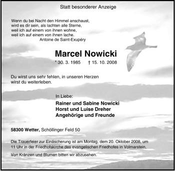 Traueranzeige von Marcel Nowicki von Tageszeitung