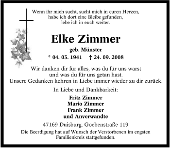 Traueranzeige von Elke Zimmer von Tageszeitung