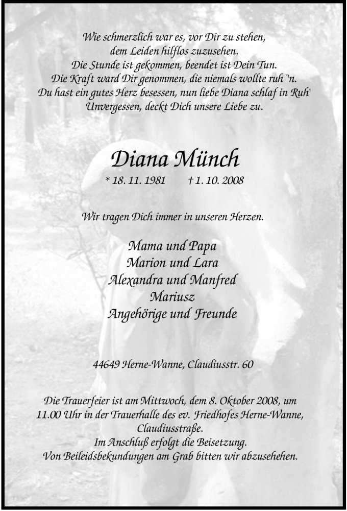  Traueranzeige für Diana Münch vom 04.10.2008 aus Tageszeitung
