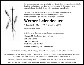Traueranzeige von Werner Leiendecker von Tageszeitung