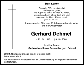 Traueranzeige von Gerhard Dehmel von Tageszeitung