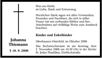 Traueranzeige von Johanna Thiemann von Tageszeitung